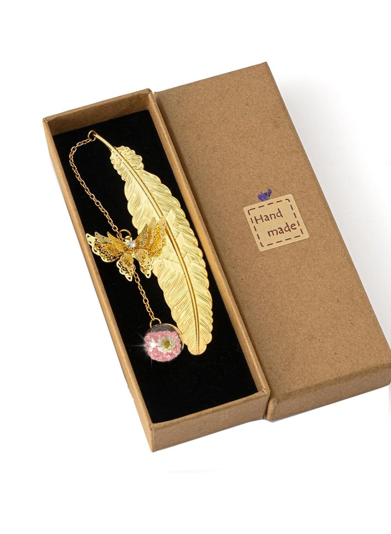 ChicAbode Book Accessory Gift Pack, Golden Feather Book Mark with Golden Butterfly, Pink Diamond and White Floret Pendant - Image 1